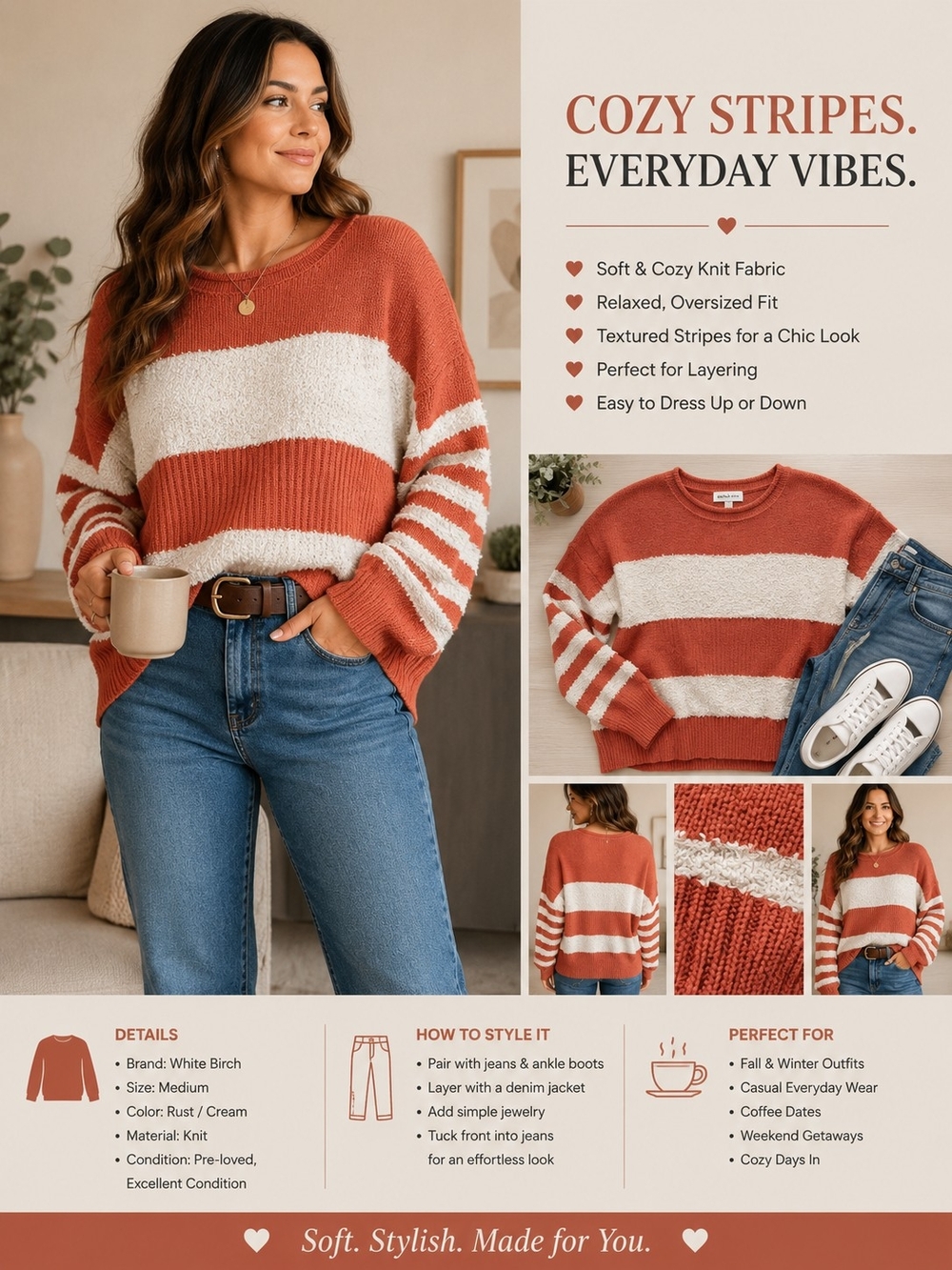 white birch Rust and Cream Striped Crewneck Sweater